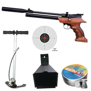 Diana Bandit PCP luftpistol med pumpe skydekasse, hagl og skydeskiver