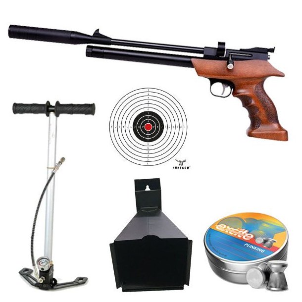 Diana Bandit PCP luftpistol med pumpe skydekasse, hagl og skydeskiver